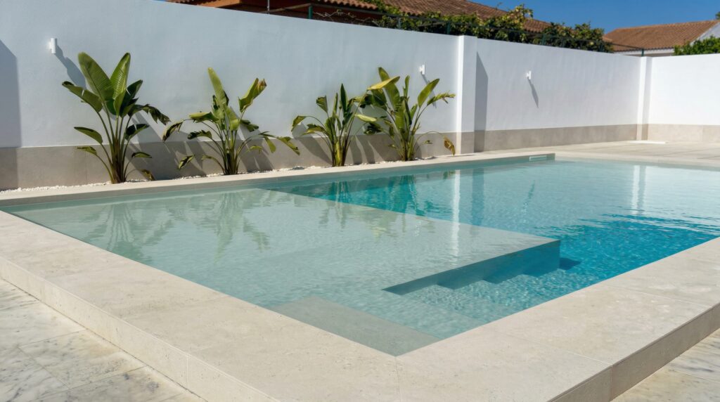 Piscina de obra moderna con playa sumergida y escaleras integradas en jardín minimalista.