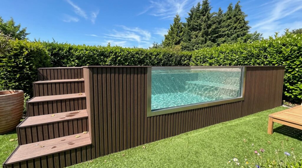 Piscina prefabricada 4x2 elevada instalada en terraza moderna.