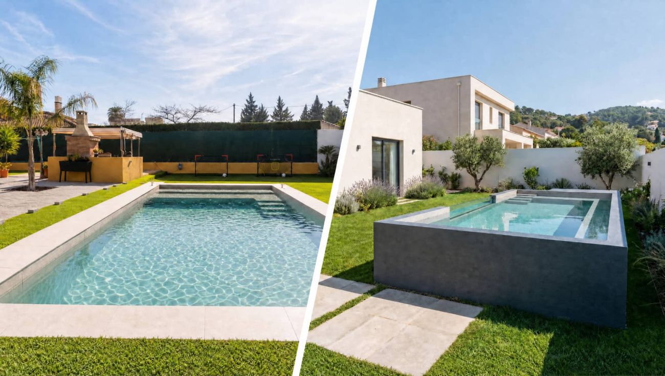 Comparativa visual piscina de obra vs piscina prefabricada en jardín exterior.