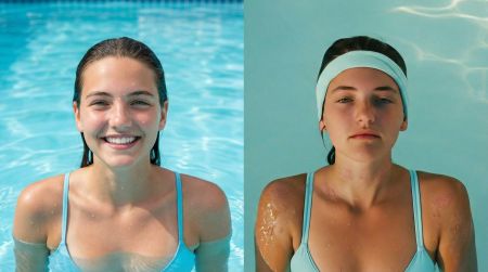 Imagen comparativa de una mujer joven en una piscina que muestra los efectos de la piel atópica y piscina, con una mitad con piel sana y la otra con brotes visibles de eccema en hombros y cuello.