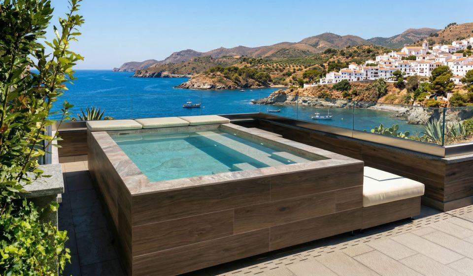 Piscina prefabricada a medida con diseño mediterráneo de lujo.