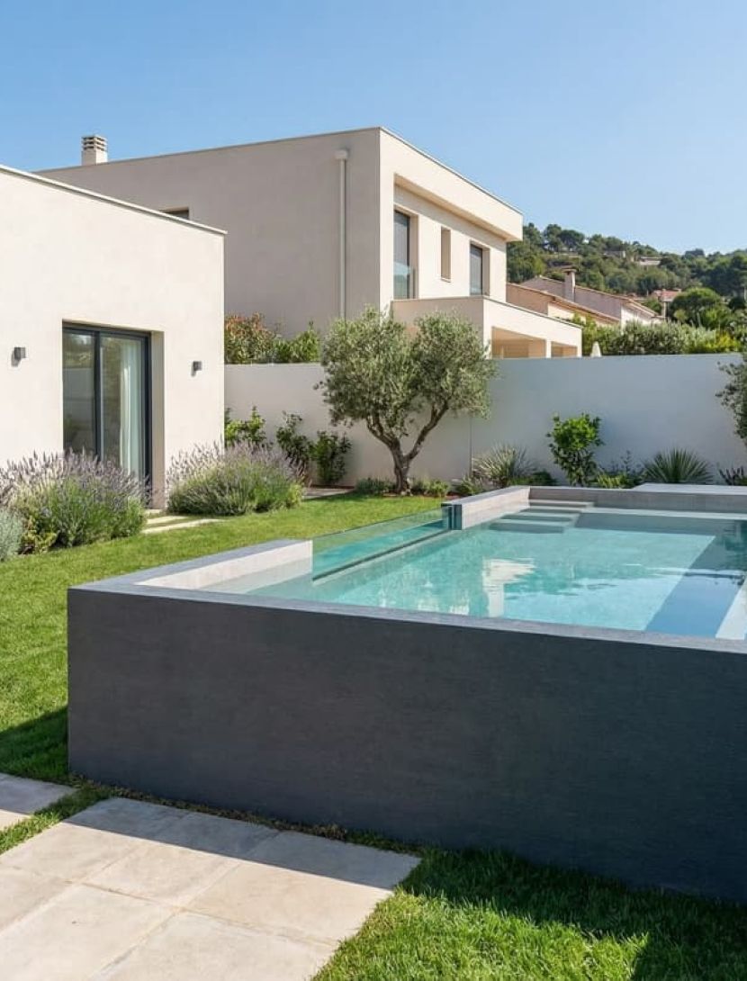 Piscina prefabricada elevada instalada en Murcia con diseño rectangular gris con escalera lateral.