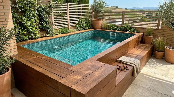 Piscina prefabricada elevada instalada en Murcia con mosaico vítreo.