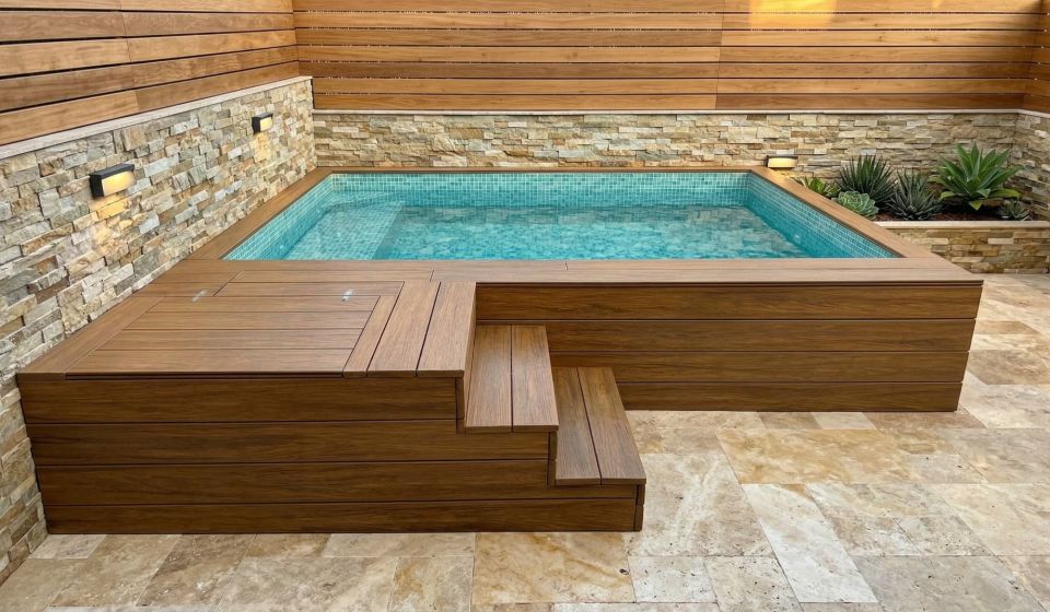 Piscina prefabricada 3x2 instalada en patio moderno.