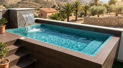 Piscina prefabricada elevada instalada en Murcia con acabado porcelánico efecto madera.